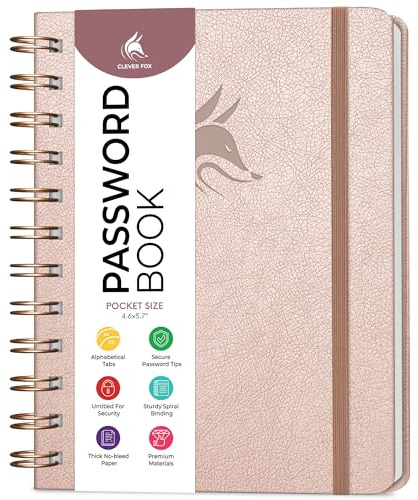 Clever Fox Password Book Spiral – Mini Internet Address Log with Alphabetical Tabs, Small Password Keeper & Organizer - Pocket 12x14cm (Rose Gold)