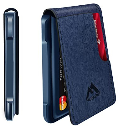 MURADIN Schlanker RFID-blockierender Metall-Kartenhalter, Taktische minimalistische Brieftasche für Männer, Elegante Bifold Herren-Geldbörse mit Geldclip (Blue Tree)