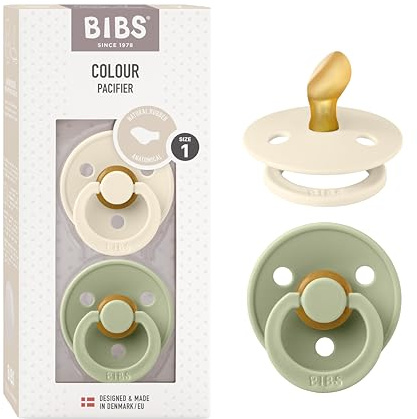 BIBS Colour Anatomical, Set di 2 ciucci, succhietto senza BPA, Tettarella anatomica. Lattice di gomma naturale, Prodotto in Danimarca/UE. Misura 1 (0-6 mesi), Ivory/Sage