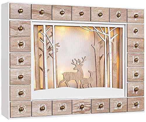 Spielwerk® Adventskalender zum selbst Befüllen Nachhaltig LED warmweiß 24 Türchen Weihnachtskalender DIY Holz Kinder Wiederverwendbar Winterlandschaft