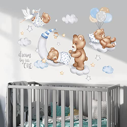 wondever Pegatinas de Pared Bebe Oso Durmiendo Adhesivos Pared Decorativos Luna y Estrella Nubes Globos Vinilos Pared para Habitación Bebés Dormitorio Guardería