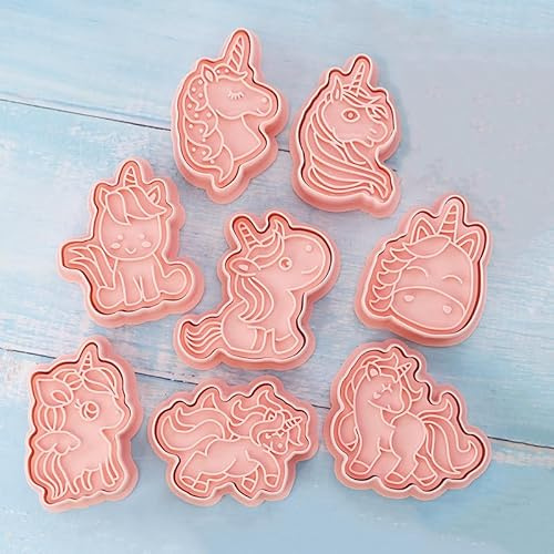 RUIYWEN 8 Moldes de Galletas Unicornio 3D Cortador Galletas de Plástico Moldes para Pastel Galletas Fondant Chocolate Cookie Pan Repostería