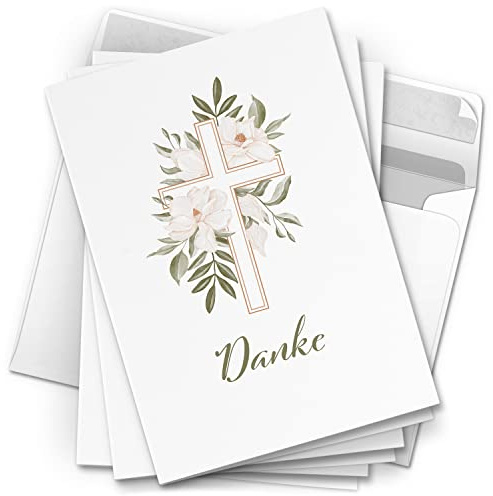 10 Dankeskarten kirchlich - Motiv Magnolien Kreuz - moderne Klappkarten mit Umschlägen - Danke sagen nach Kommunion, Konfirmation, Taufe, Hochzeit