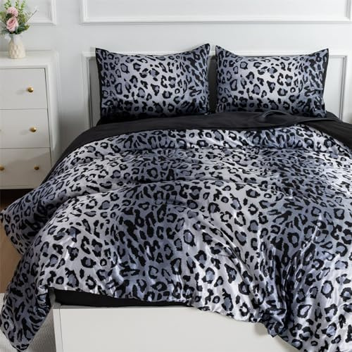 A Nice Night Leopard Printed，Silver Grey Satin Silky Soft Quilt Sexy Luxury Super Soft Microfiber Comforter Quilt Bedding 5PCS Comforter Set, Light Weighted (Silver, Queen(88-by-88-inches))