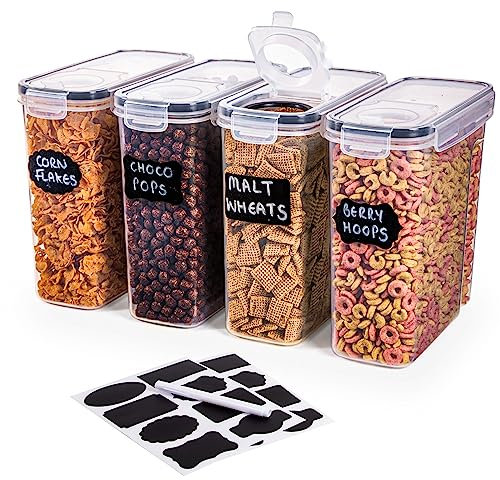 nuovva Cereal Storage Containers Set – Airtight Food Storage Container – Food Grade and BPA Free Dispenser with Flip Top – Kitchen Pantry Organiser – Ideal for Cereal and Cornflakes – 2.5L, 4pcs
