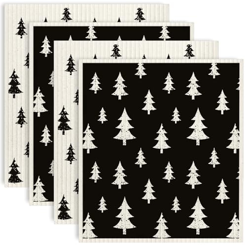 AnyDesign Christmas Tree Swedish Kitchen Dishcloth Black and White Geometric Tree Cotton Kitchen Towel Absorbent Dish Towel for Housewarming Cleaning Wipes, 4Pcs, 7 x 8 Inch