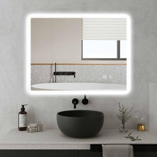 SaniteModar Badspiegel mit Beleuchtung 60x80 cm | Hohe &Dimmbare Helligkeit, Drei-Farben-Licht, Beschlagfrei, IP44, Vertikal/Horizontal Montierbar.