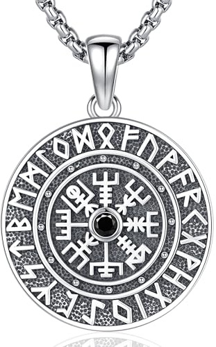 Friggem Wikinger Kompass Halskette für Herren 925 Sterling Silber Viking Kompass Vegvisir Anhänger Rune Amulett Wikinger Schmuck für Herren Damen