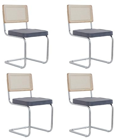 GrandCA HOME Modernes 4er-Set Esszimmerstühlen mit Rückenlehne aus Natürlichem Rohrgeflecht und Gestell aus Rostfreiem Chrom, Gepolsterte Küchenstühle aus Rattan,Grau