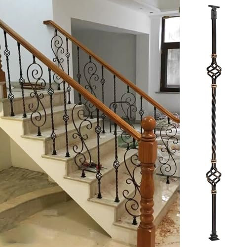 Safety Deck Stair Baluster Spindles, Black ＆ Bronze Color Staircase Iron Railing Spindles, Indoor Outdoor Balustrade for Balcony Platform (Color : Double basket type, Size : 10 pcs)