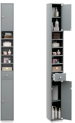 LIFEZEAL Hochschrank 180 cm, Badezimmerschrank Schmal, Badschrank Holz mit Fächern & Schublade, Badkommode mit verstellbaren Regalen für Badezimmer, Wohnzimmer, Küche, Weiß (Grau)