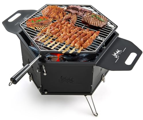 COSTWAY Portable Charcoal Grill, Outdoor Tabletop BBQ Grill with 360° Rotatable Grill and Handles, Heavy-duty Stainless Steel Camping Grill Stove for Home Garden Party Cooking
