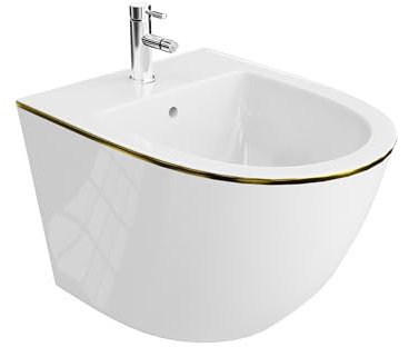 LAVITA Universal Wand-Bidet Sofi Gold Line mit Hahnloch und Überlaufschutz aus Keramik Sitzwaschbecken zur Montage an der Wand Hygienisch und Pflegeleicht 36,5x49x32,5 cm