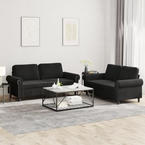 CIADAZ 2-TLG. Sofagarnitur mit Kissen Schwarz Samt, Loungesofa, Sofas & Couches, Relaxsofa, Couch für Wohnzimmer - 3202215
