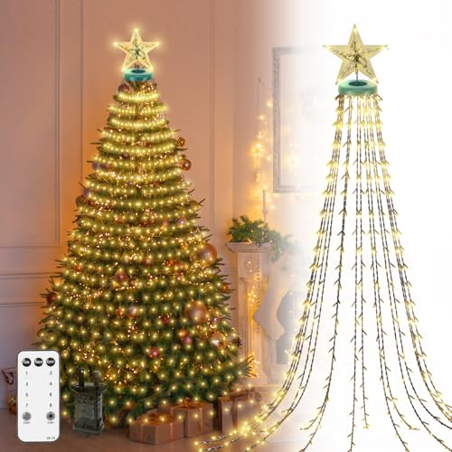 CORST Lichterkette Weihnachtsbaum mit Stern Spitze, 2.5M 400LEDs Weihnachtslichterkette mit Stecker für Innen Außen,Baum Lichtervorhang Fernbedienung, wasserdicht für Xmas Inner(Warm Weiss)