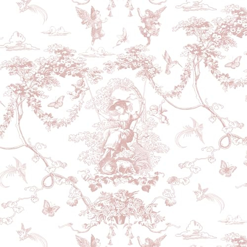Timeet Peel and Stick Wallpaper Pink and White Self Adhesive Wallpaper Cupid Manor Painting 41x300CM Waterproof Vinyl Wrap Sticky Back Wallpaper for Living Room Bedroom Wall Cabinet Shelf