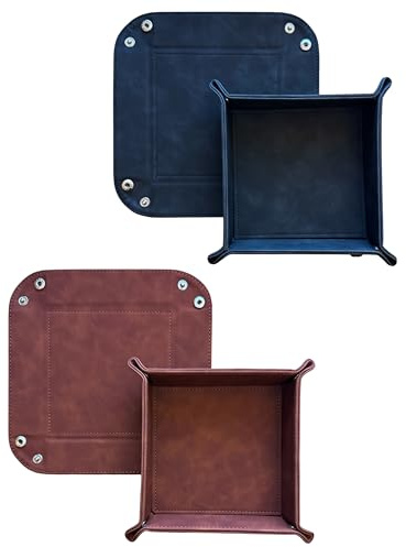 2er-Set Faltbare Leder-Würfelunterlagen (16 x 16 cm), viereckige Taschenleerer für Schlüssel, Handy, Kopfhörer, Kleinteile, Schmuck (Schwarz - Braun)
