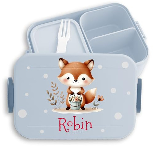 Kinder Bento Box Midi Lunchbox Mepal Bentobox - Kinderbrotdose mit Fuchs personalisiert | Geschenk zur Einschulung | Geschenkidee für den Schulanfang | Fuchs Brotdose mit Namen - 900 ml - Hellblau
