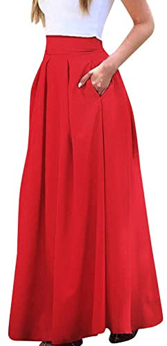 Roter langer Seidenrock, schwarzer Faltenrock, Größe 44, Satin, Midi-Röcke, hohe Taille, A-Linien-Rock, lockerer ausgestellter Rock, leichter Swingrock, einfarbig, fließender Rock, eleganter