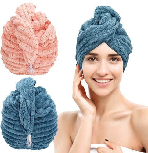 HSTWODE 2 panni per capelli in microfibra, super assorbenti, per asciugatura rapida, tappi per capelli con bottoni, per fissare i capelli (rosa + blu navy)