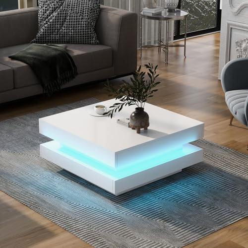 YEHTOKHOME Table Basse Blanc Moderne Coffee Table Carrée avec éclairage LED pour Salon, Bureau, Chambre (Blanc)