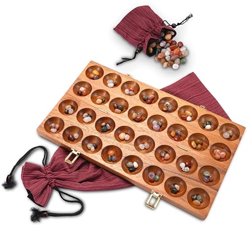 LOGOPLAY Hus Spiel mit Metallverschlüssen – für 2 Spieler – Bao – Kalaha – mit Edelsteinen und Stoffbeutel klein + groß