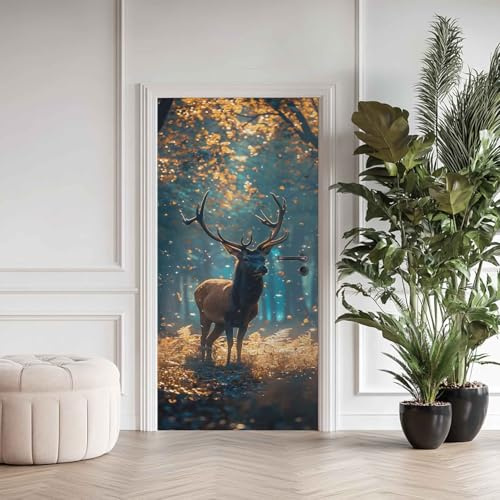 Türaufkleber Hirsch, Selbstklebend TürPoster Reh Herbst Baum Wald, Türtapete Abnehmbare, Tür Aufkleber für Innentür Schlafzimmer Kinderzimmer 77x200cm