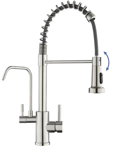 ROVOGO 3 Way Spring Kitchen Mixer Tap with Water Filter & Pull Out Spray, 360° Swivel Monobloc Sink Tap with 2 Spray Modes, High Arc Dual Lever Kitchen Faucet, Brushed Stainless Steel 304