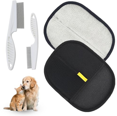 YSBCNK 2Pcs Pet Hair Removal Glove, Electrostatic Pet Hair Remover Glove with 2 Flea Combs, Dog Washing Gloves for Grooming, Bathing, Furniture and Car Cleaning, Includes Small and Large Size Combs