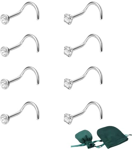 Bestevery 8 Piezas Acero Quirurgico Anillos De Nariz, Piercing Nasal De Acero Quirúrgico, Hipoalergénicos Piercing Nariz, Anillo Nostril, Con Bolsa De Felpa Verde Oscuro, Para Chicas y Chicos