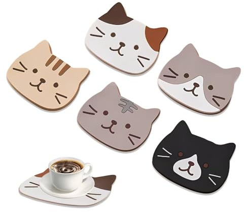 HMCEY 6 Pièces sous Tasse Chat,Dessous de Verre Chat,sous Bock Silicone,sous Verre Décoratif Bureau,Coasters,Dessous de Tasse Cafe Antidérapants,Résistants à La Chaleur pour Maison, Restaurants