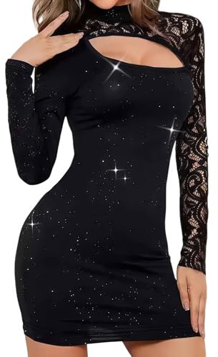DUOYIJIN Women Sequin Dress Long Sleeve Lace Dress Black Short Cocktail Dresses Slim Fit Bodycon Mini Party Clubbing Dresses Sexy Tight Going Outfits for Nightclub, M