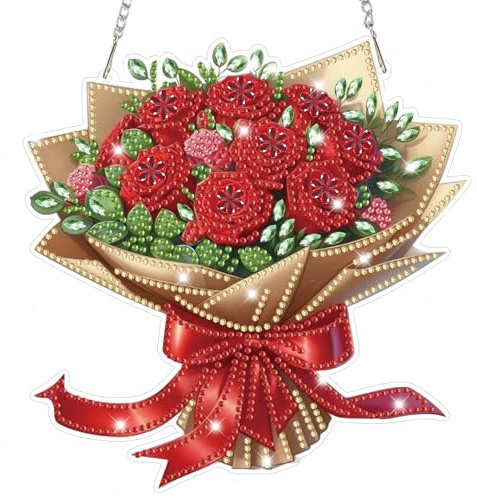 Lxmsja Diamond Art Hanging Rose Ornaments with Chain, Special Shaped Diamond Painting Flowers Pendant Kits for Adults, Crystal Gem Art Suncatchers Kits, Mother's Day Gifts for Home Decor