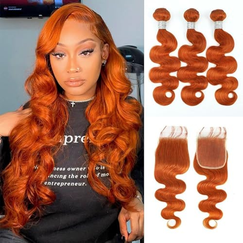 FUIBEJAE Paquetes de Cabello Humano Ondulado Profundo Suelto #350 Naranja 3 Paquetes con Cierre de Encaje Cabello Brasileño Ondulado Profundo Suelto Cabello para Mujeres Negras,20 22 24+20closure