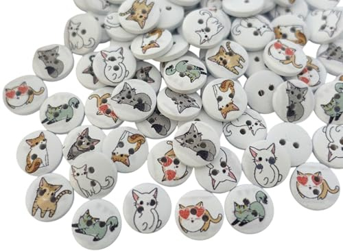 Apfelblüte Style & Accessoires Holz Knöpfe, 10 Stück, Weiß und Bunt, 15 mm Durchmesser, Rund, Katze Motiv