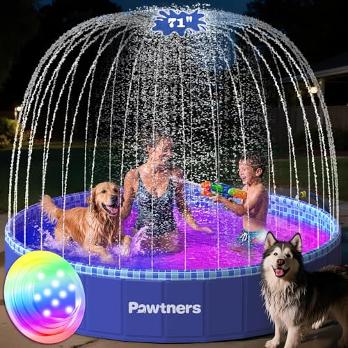Piscine pliable pour enfants avec arroseur LED RVB - 180,3 cm - En plastique dur - Pour chiens de petite, moyenne et grande taille - Bleu