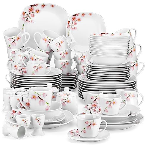 VEWEET ANNIE Servizio di Piatti in Porcellana per 12 Persone Servizio Combinati 100 Pcs con Piatti Piani, Fondi, da Dessert, Ciotole, Tazze e Mugs, Piattini, Portauova, Zuccheriera e Bricco per Latte