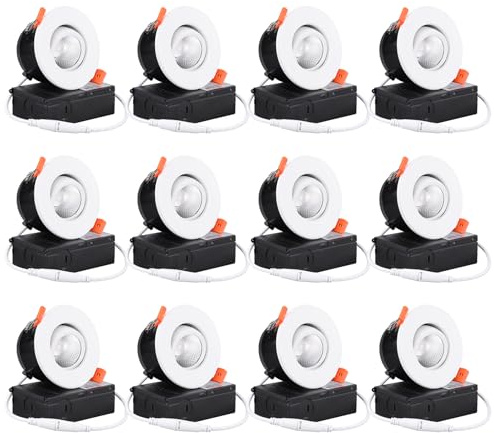 TORCHSTAR 12-Pack 3 Inch Gimbal LED Recessed Light with Junction Box, 7W CRI90+ Dimmable Adjustable Eyeball Canless LED Downlight, 3000K Warm White, Airtight IC, ETL