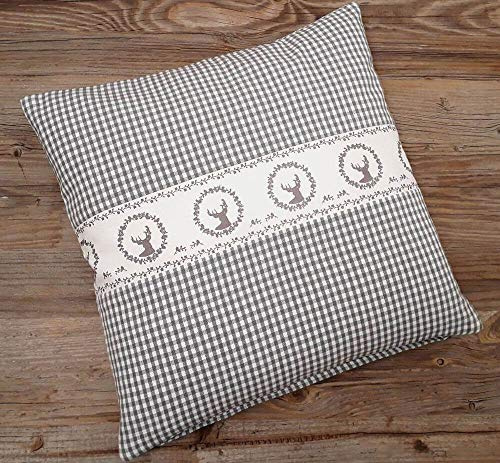 RESIs Kissen-Bezug 40x40 cm - Landhaus-Stil Hirsch grau-weiß kariert - Baumwolle, Waschbar, Zierkissen für Couch