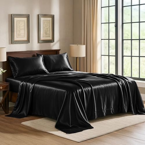 Sábanas de satén Queen [4 piezas, negro] Sábanas sedosas de lujo para hotel, juego de sábanas de microfibra extra suave de 1800, resistente a las arrugas, la decoloración y las manchas, sábana bajera