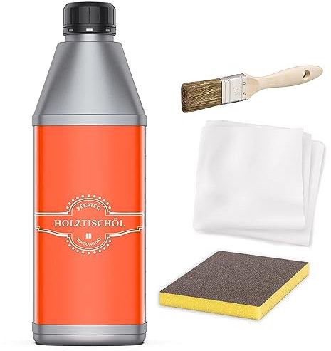 Holztisch Öl 0,5L Set mit Schleifmatte, Putzvliestuch & Pinsel - Arbeitsplattenöl, Möbelöl, Holzöl biologisch & lösemittelfrei, einfache Anwendung, wasser- & schmutzabweisend - BEKATEQ LS-240