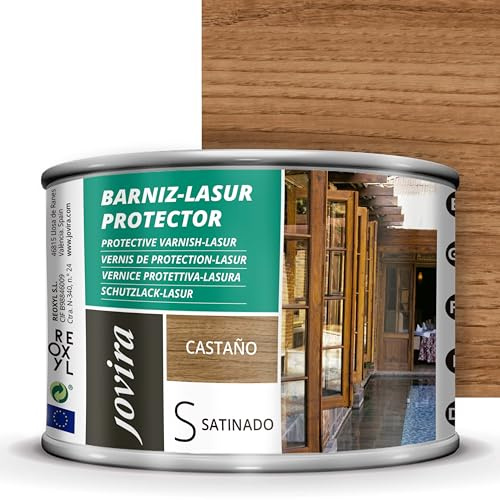 JOVIRA PINTURAS BARNIZ-LASUR Protector Satinado (7 colores) Protege, decora y embellece todo tipo de madera (375 Mililitros, Castaño) D-05B