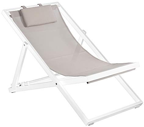 Duramax, Newport, weißer Rahmen mit Taupe-Schlaufe, 3 verstellbare Sitze mit bequemer Kopfstütze, klappbare Decks, Terrassen, Pools, Strand und mehr, Garten-Sonnenliege mit Kopfstütze