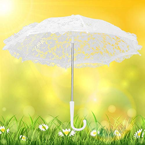 Stickschirm, Spitze Regenschirm, Brautschirm, 16.5x19.3in Umbrella Requisiten Spitzenschirm, Stage Performance J-Griff Regenschirm für Hochzeit Brautgeschenk Fotografie Prop Regenschirm(White)
