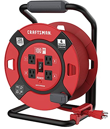CRAFTSMAN 100 Ft. Retractable Extension Cord Reel With 4 Outlets & Heavy Duty 14AWG SJTW Cable