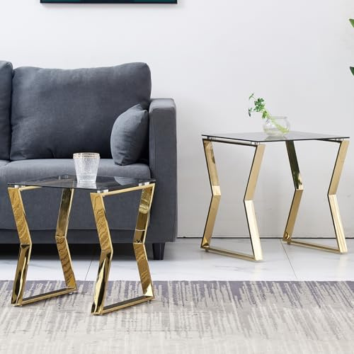 AINPECCA Nest of 2 Coffee Table Modern Sofa Side End Table Tempered glass with Stainless Steel Legs Nesting Tables for Living Room(Gold&Gray glass Nesting table)