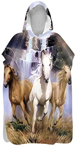 Lukery Kinder Erwachsene Badeponcho mit Kapuze, 3D Tier Hoodie Handtuch Poncho Bademantel, Schnelltrocknend Strand Badetuch Surf Schwimmen Poncho für Mädchen Jungen (weiß Pferd,80x145cm)