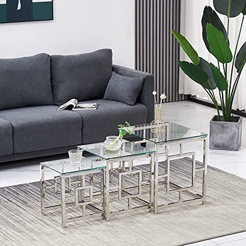 AINPECCA Satztisch 3er Set Couchtisch Beistelltisch aus Edelstahlgestell und Hartglas für Wohnzimmer modernes Design Sofatisch (silbern B, transparentes Glas)