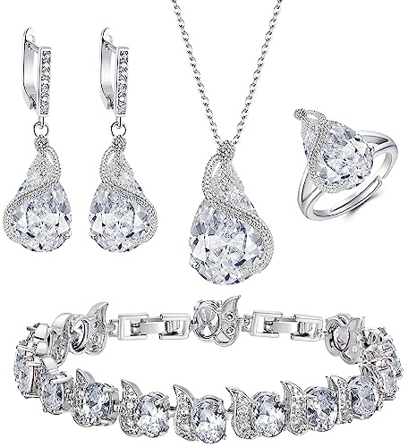 Ever Faith Women's Jewelry Set Bridal Jewellery Sparkly Cubic Zirconia Teardrop Necklace Earring Bracelet Ring Sets for Women Birthday Gifts 4 PCS Clear Silver-Tone