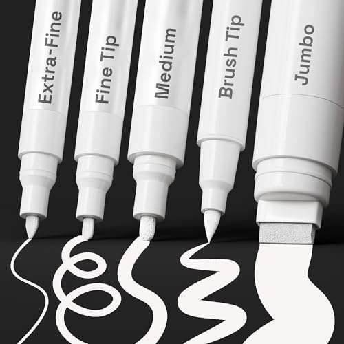 ARTISTRO 5 White Paint Pen for Rock, Glass, Ceramic, Wood, Tire, Fabric, Metal, Canvas, Marking, Painting - Set of 5 Acrylic Paint Markers Water-based - Different Tips